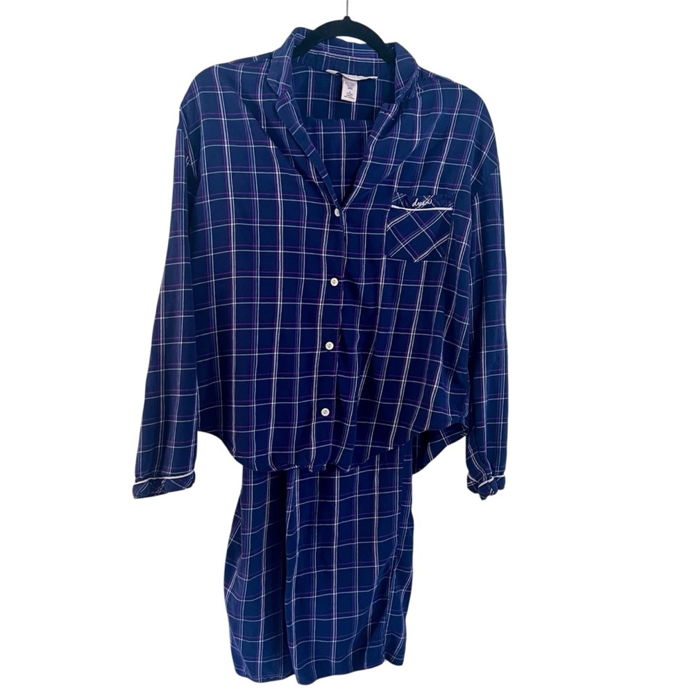 Victorias Secret Blue Plaid Dream Pajama Set 2 Piece Button-Up Sleepwear Navy